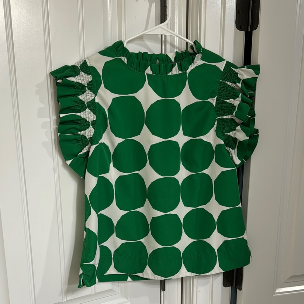 Green and White Polka Dot Ruffle Sleeve Top